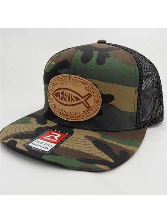 Vintage Jesus Leather Patch Camo Trucker Hat Christian Flat Bill Snapback Cap